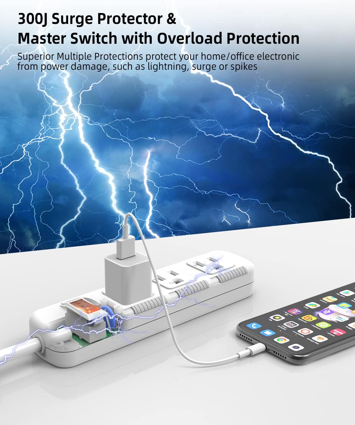 Regleta de alimentación de 3 tomas de corriente con protección