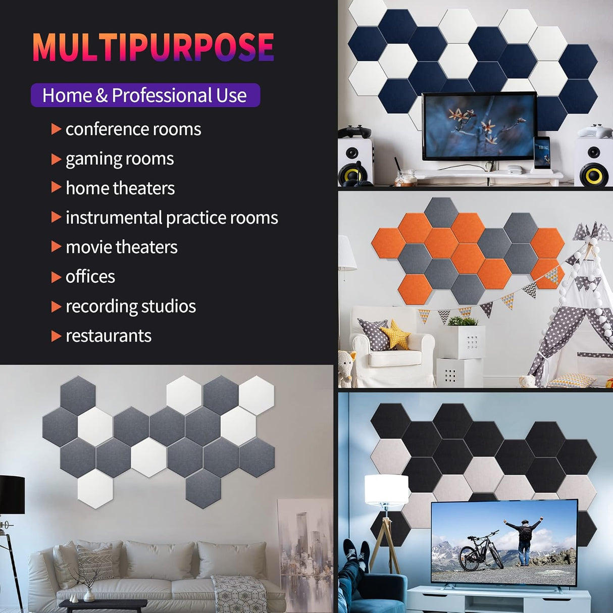 Paneles Acústicos Hexagonales, Mollywell, Alta Densidad, 14x12x0.4