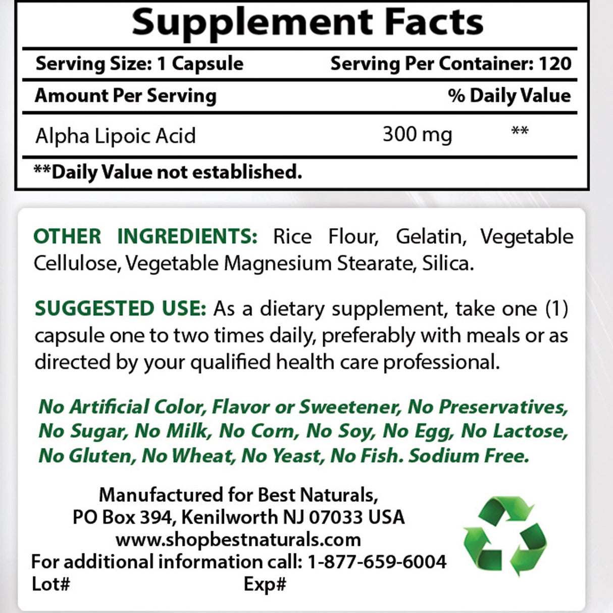 Best Naturals Alpha Lipoic Acid 300 mg 120 Capsules