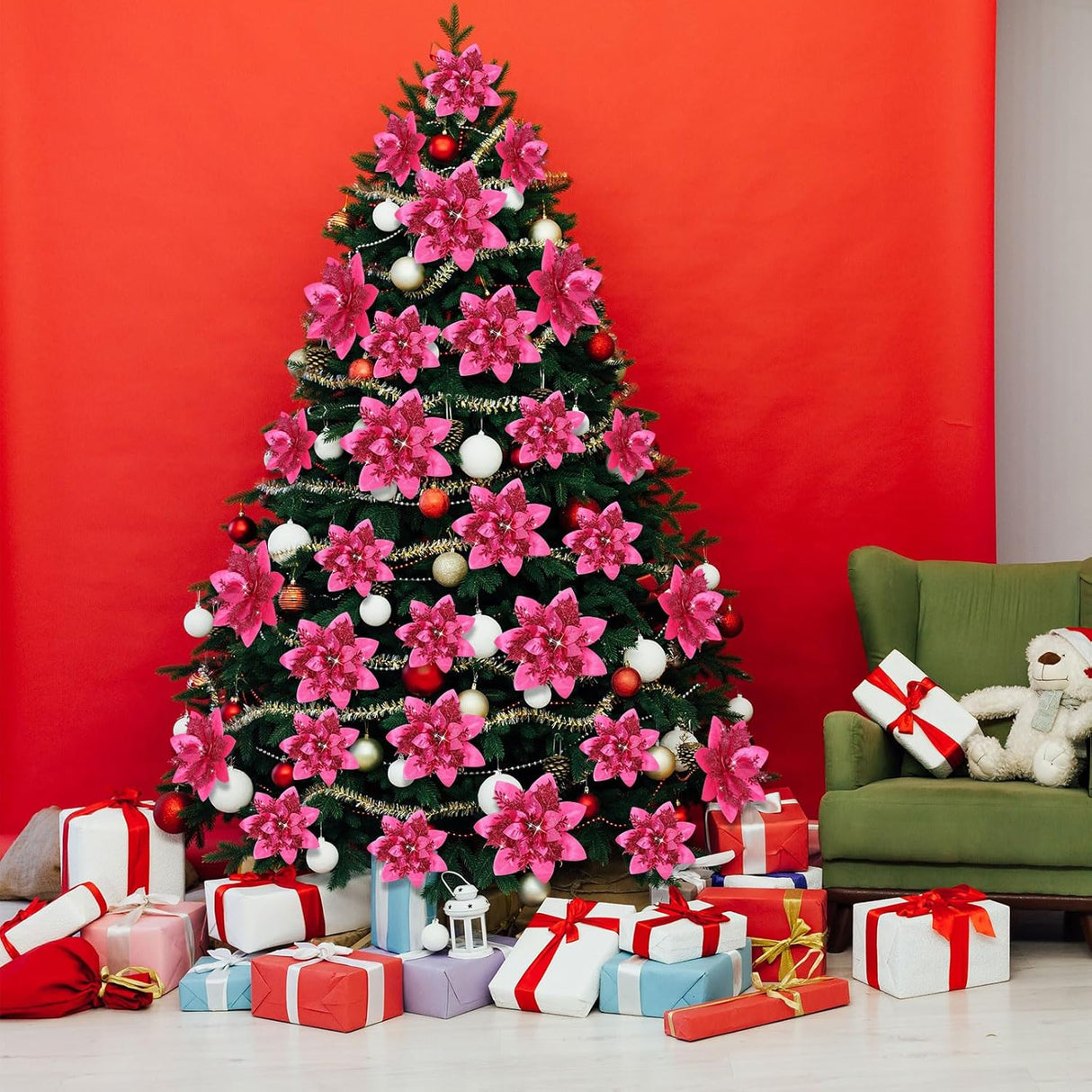 Flores Poinsettia Artificiales, Decoración Navidad, 36 Piezas