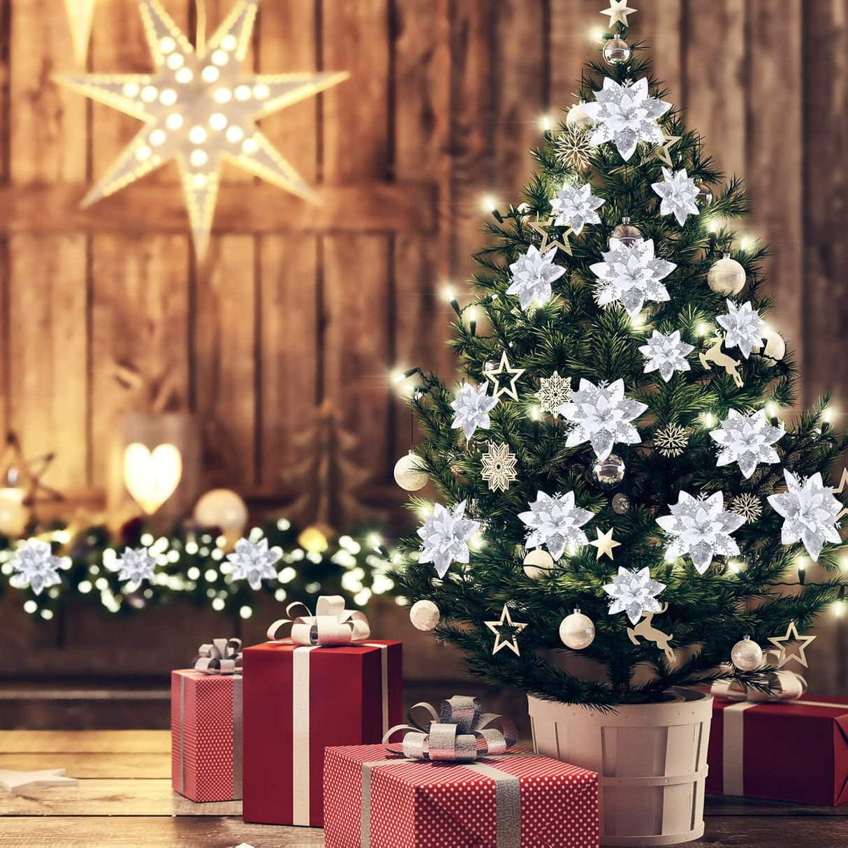 Flores Poinsettia Artificiales 36 Pcs, Decoración Navideña