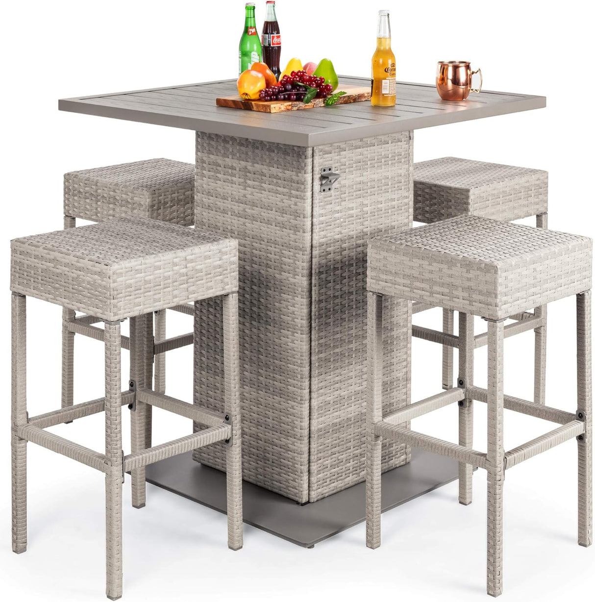 Best Choice Products Juego de mesa de mimbre de 5 piezas para patio, piscina, patio trasero con abridor de botellas integrado, estante de almacenamiento oculto, mesa de metal, 4 taburetes, color gris