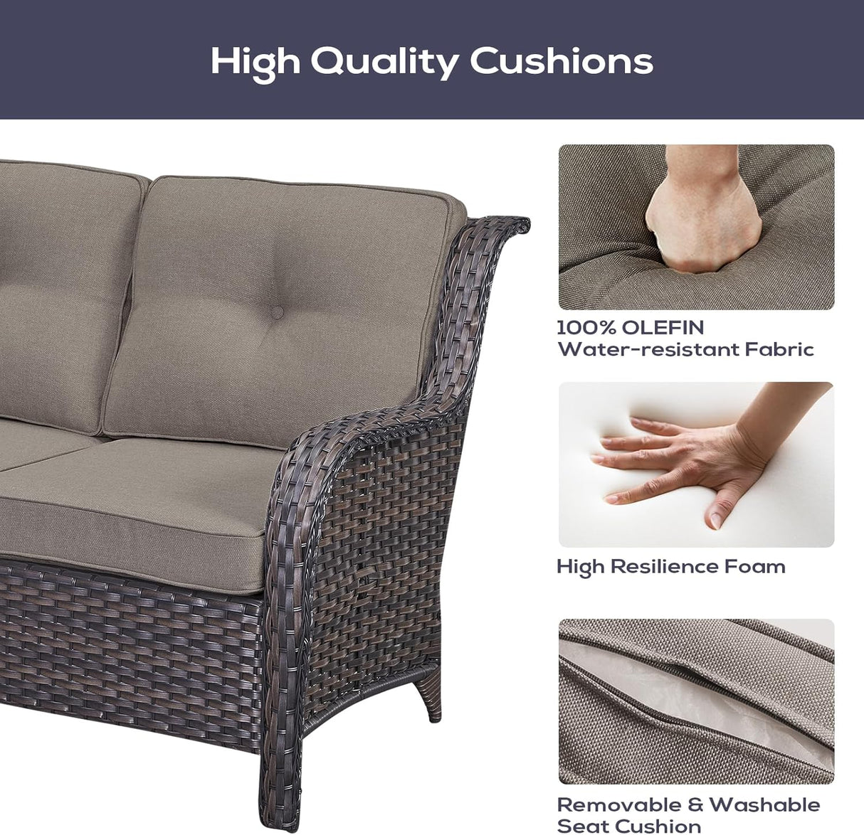 Belord Juego de muebles de patio al aire libre con mesa para fogata de propano, juego de conversación de mimbre de 7 piezas con 2 sillas giratorias mecedoras deslizantes, sofá de ratán, cojín gris,