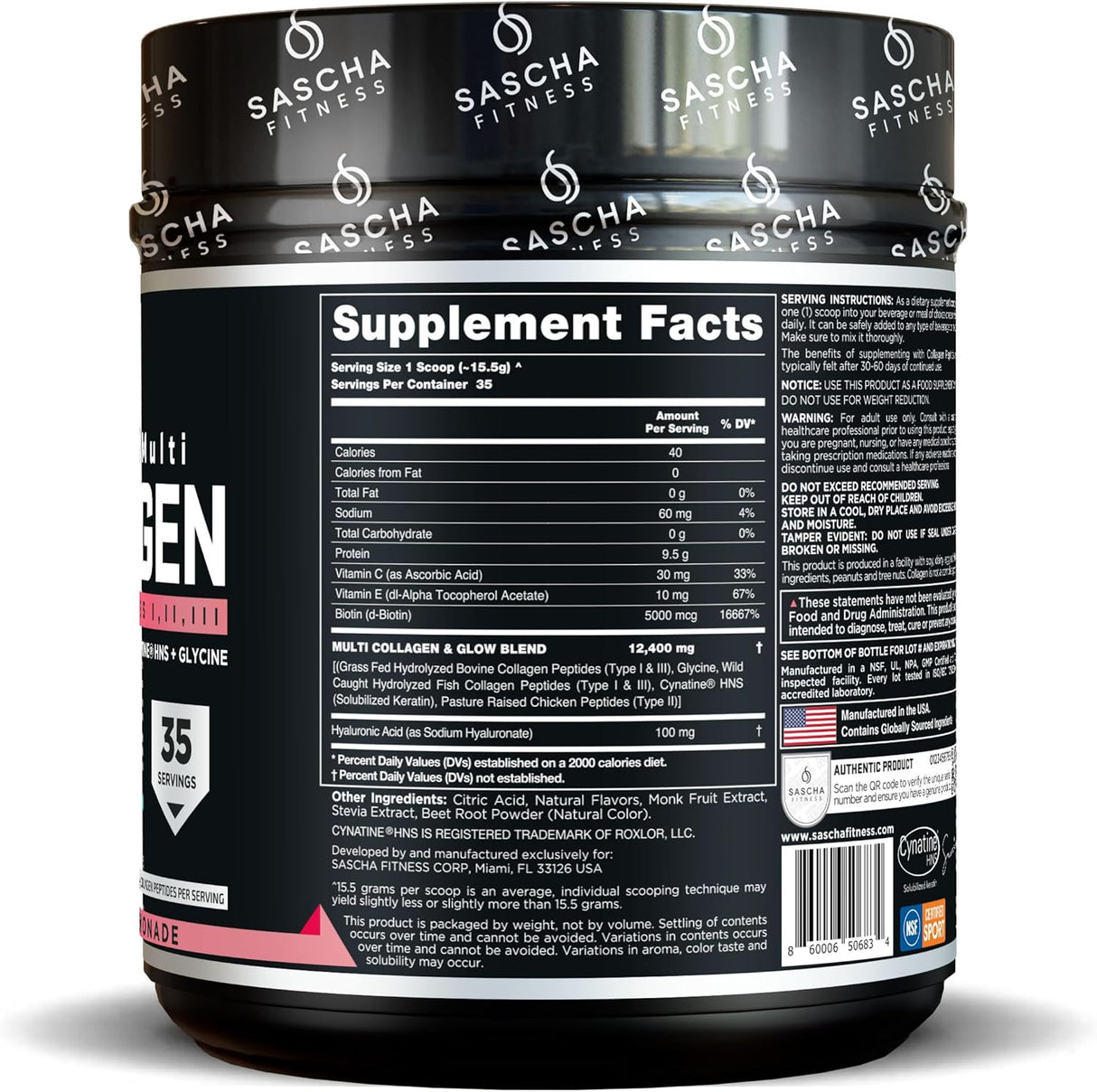SASCHA FITNESS Collágeno Hidrolizado con Ácido Hialurónico Biotina