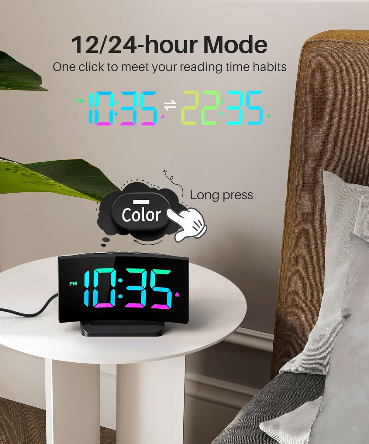 Reloj Despertador Digital Curvo con 5 Brillos, 2 Volúmenes, 3 Tonos