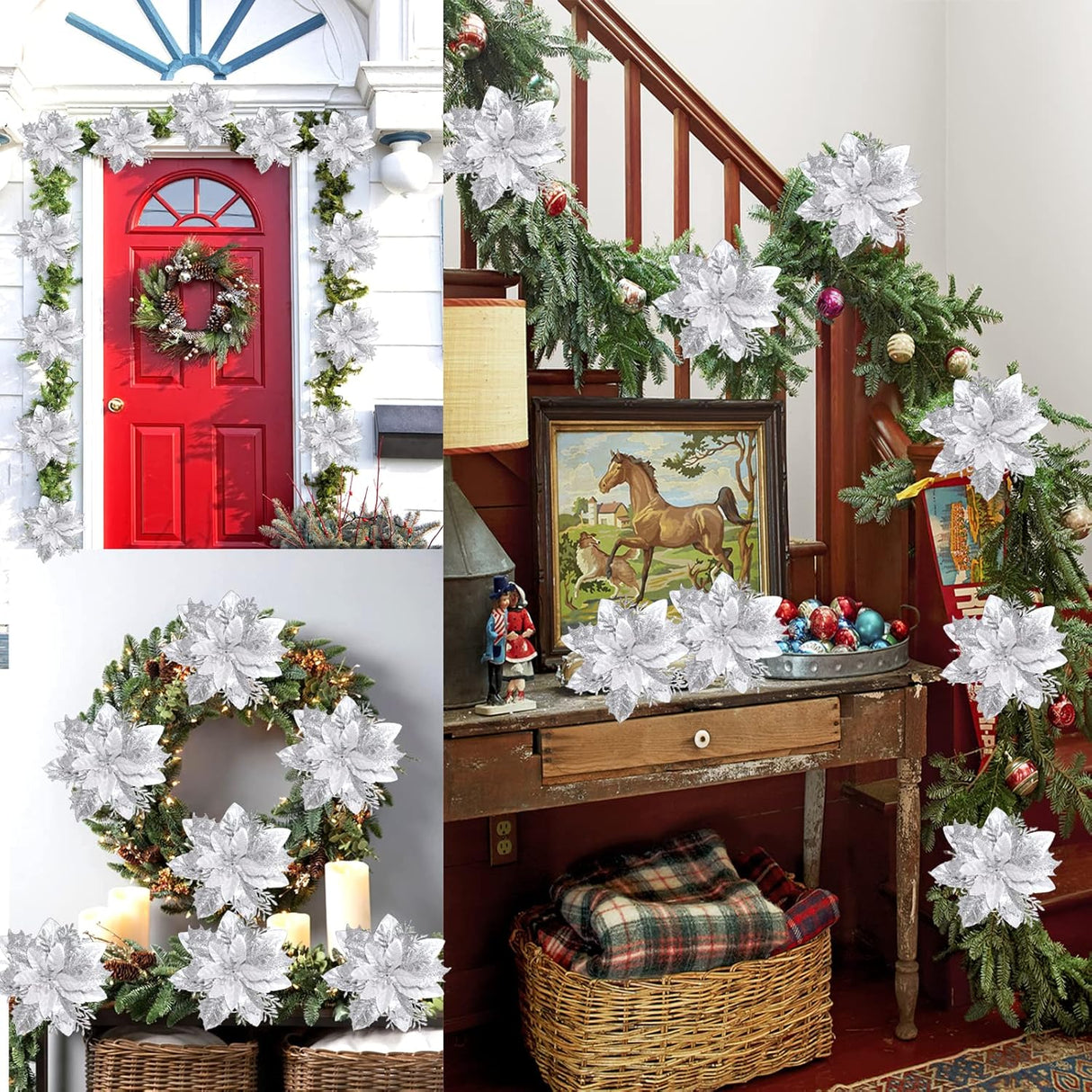 Flores Artificiales Poinsettia, Decoración Navideña, 15 Pcs