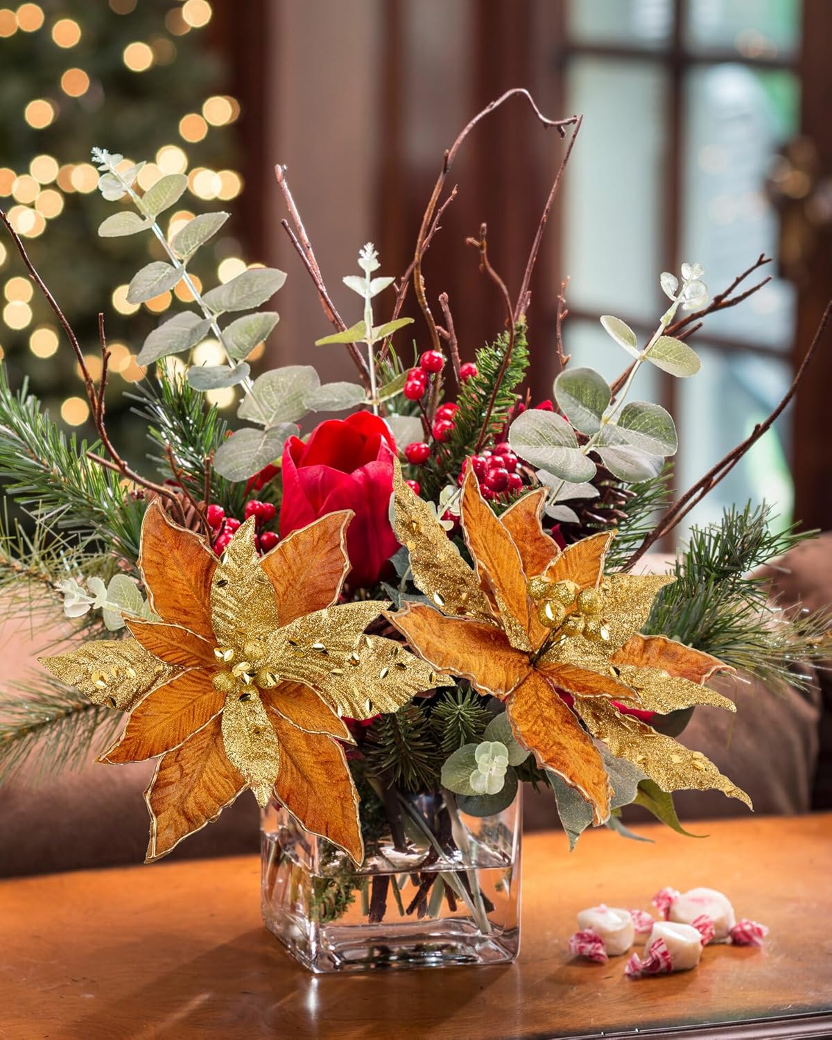 Flores de Poinsetia Artificiales, Set de 4, 12'' para Decorar