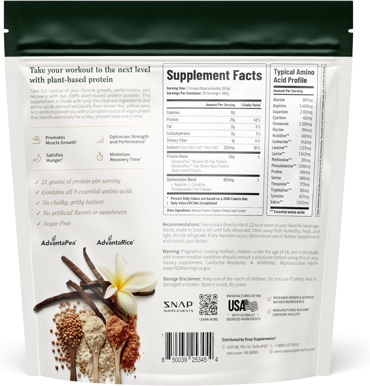 Proteína Vegana Snap Supplements, Orgánica, 30 Porciones