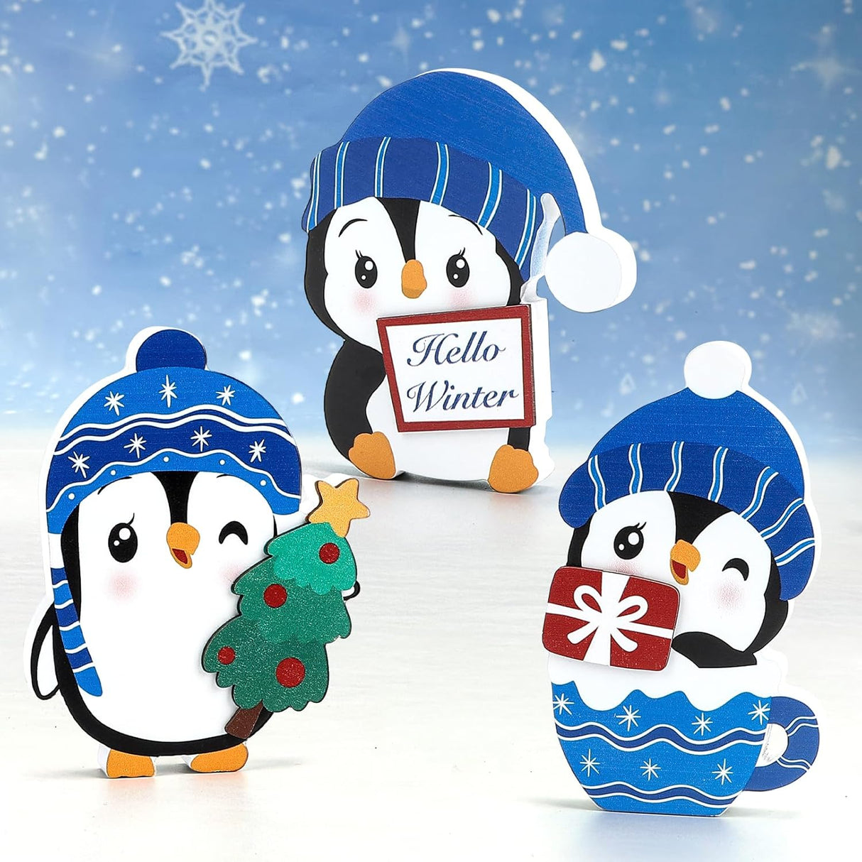 Bloques de Madera Set 3 Decoraciones Navideñas de Pingüinos