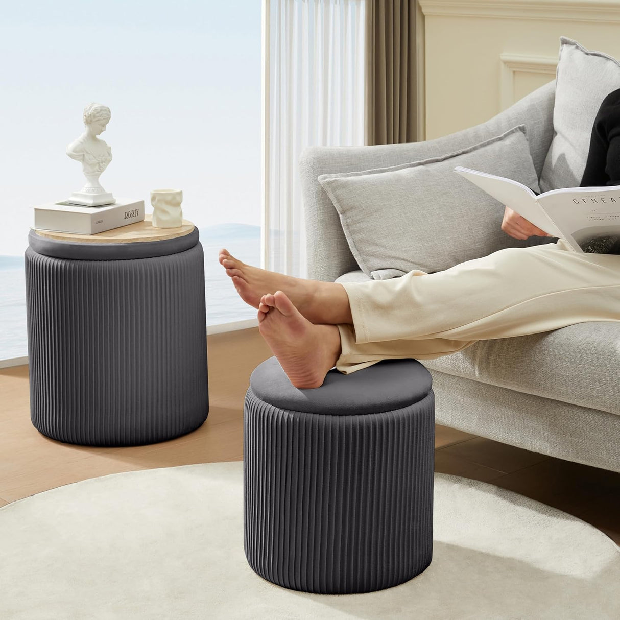 Ottoman Redondo Multifuncional con Almacenamiento y Asiento Padded