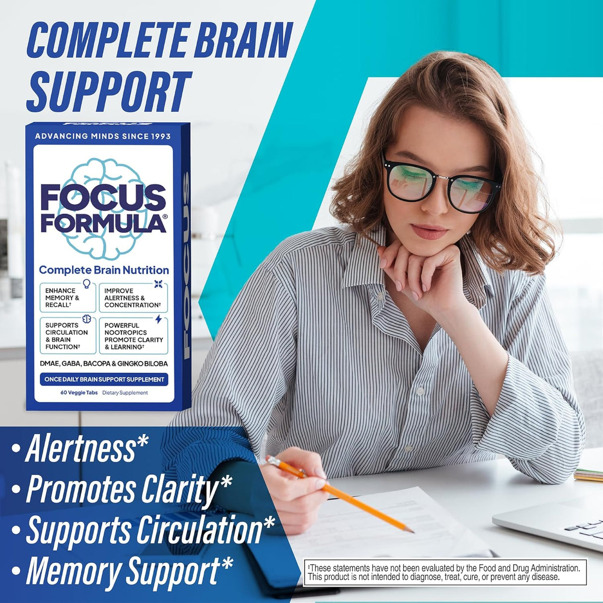 Suplemento cerebral nootrópico de enfoque para concentración