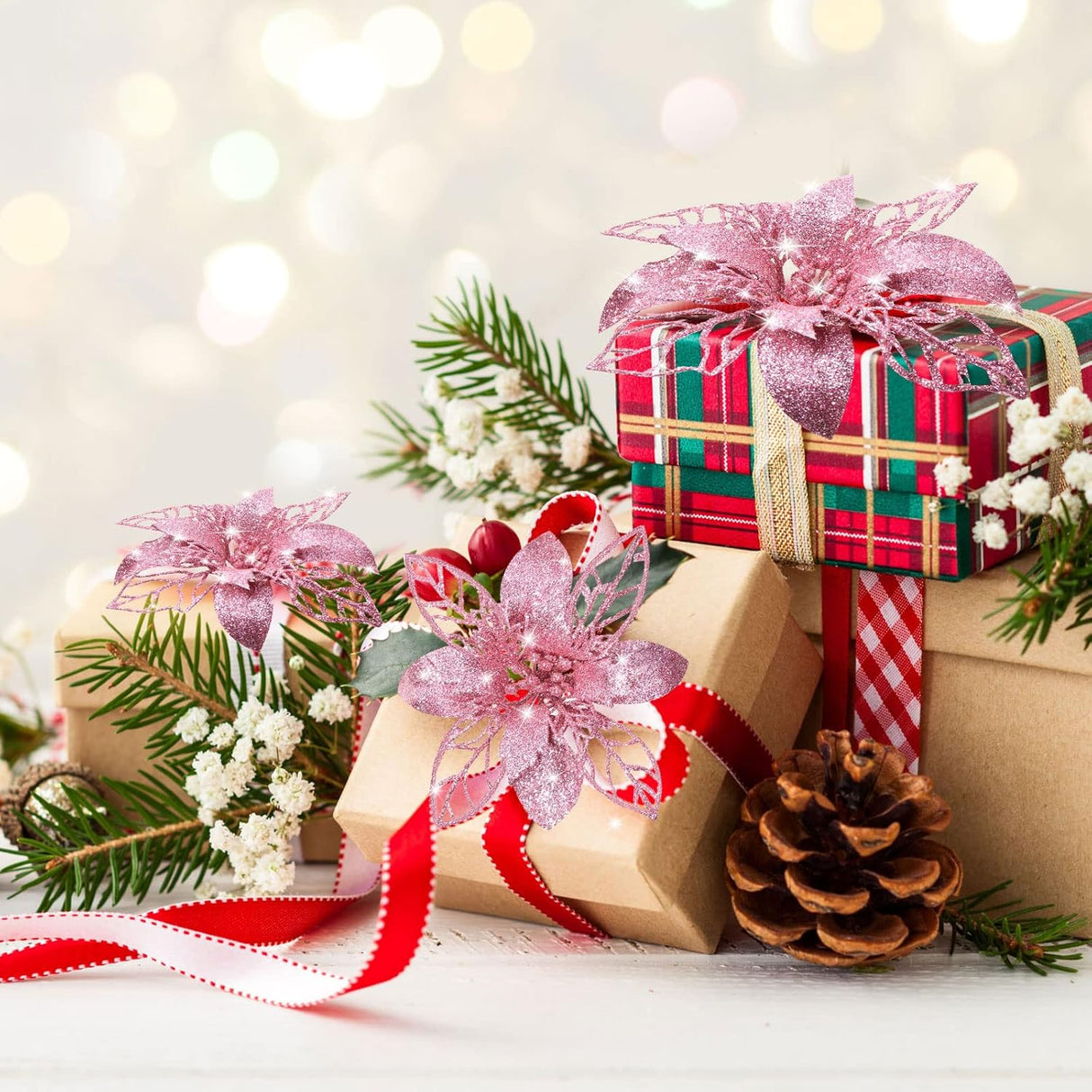 Flores Poinsettia Artificiales Boao 24 Piezas Decoración Navidad