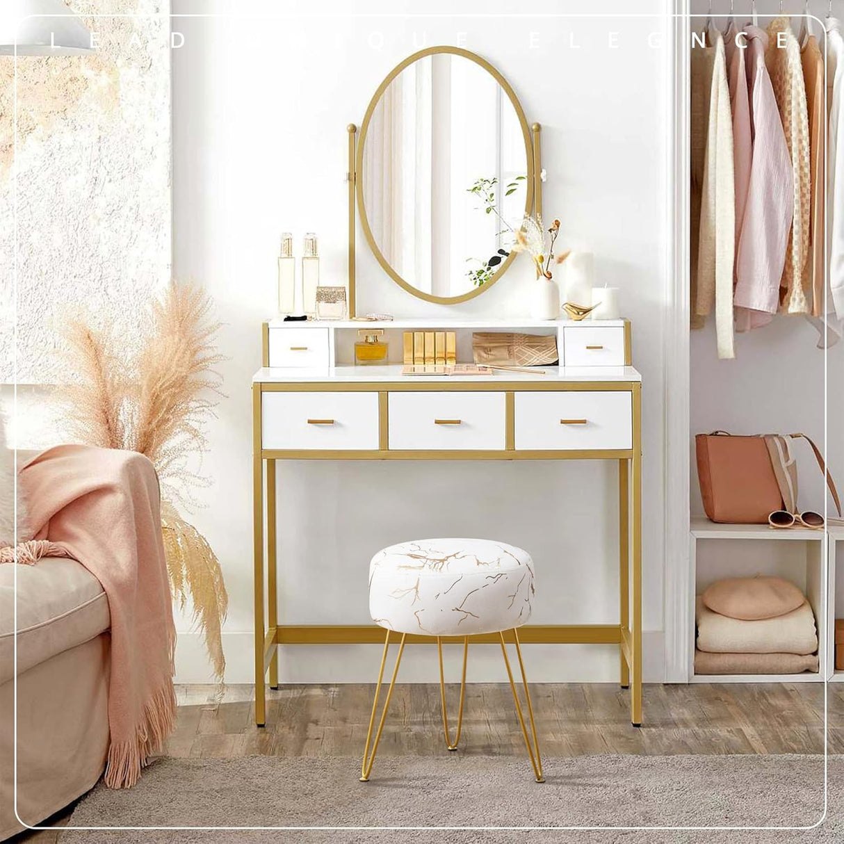 Taburete Vanity Redondo, Ottoman de Terciopelo para Maquillaje