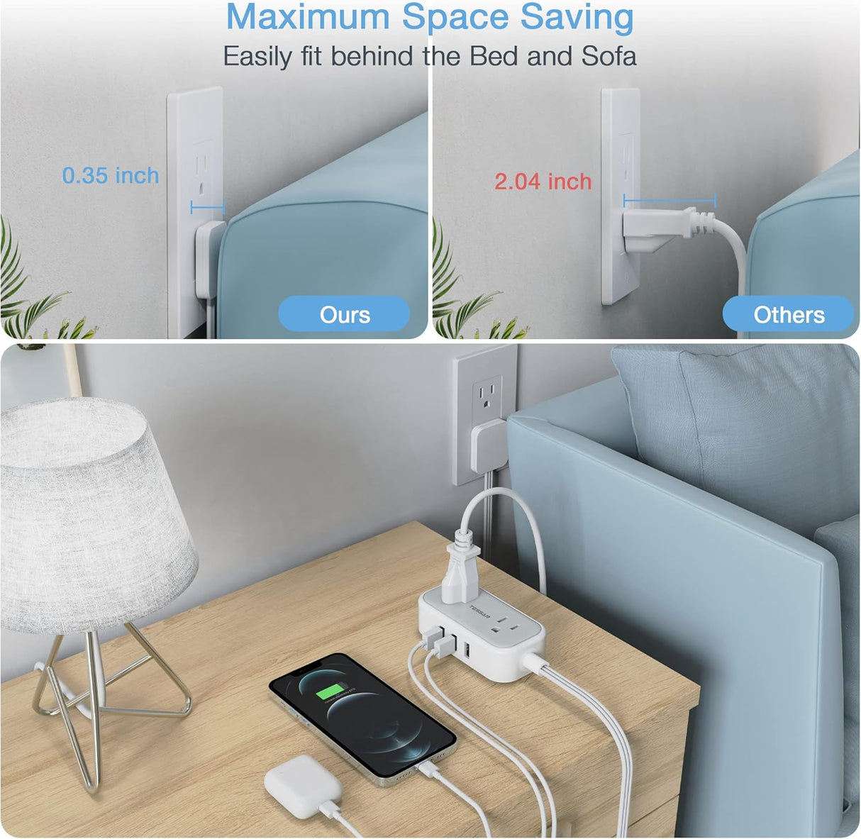 TESSAN - Cable de extensión de enchufe plano con 3 puertos USB, regleta de alimentación ultrafina con 2 salidas de CA esenciales para cruceros, corrector de salida pequeño de 5 pies de bajo perfil