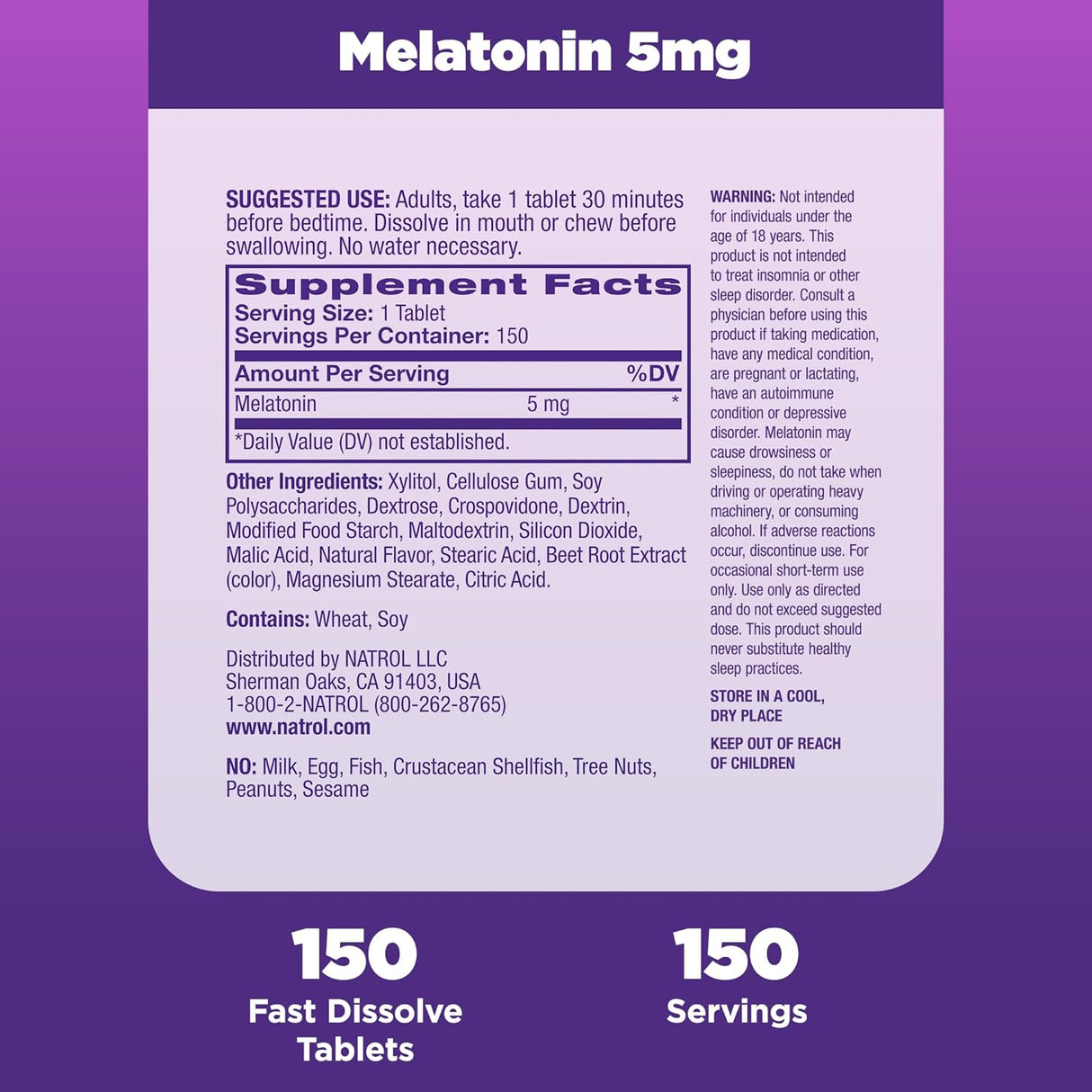 Melatonina 5mg Natrol, tabletas rápidas, 150 tabletas