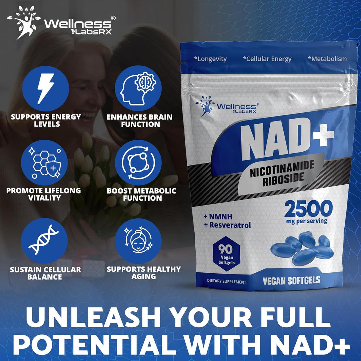 Suplemento Liposomal NAD+ - 2500mg, Salud Celular, Hecho en EE. UU.