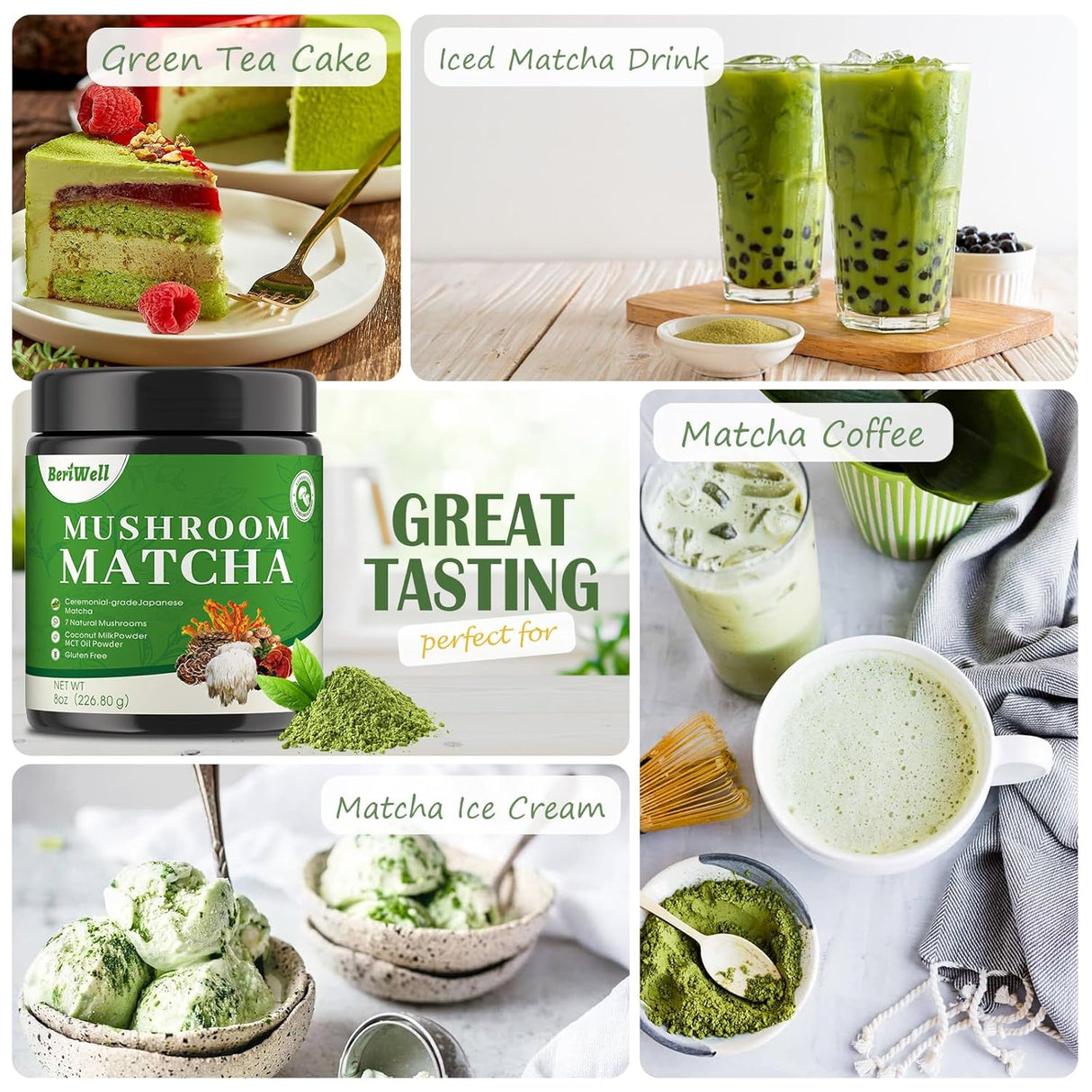 Polvo de Matcha con Hongos Superfood, 8 Oz, Sabor Delicioso