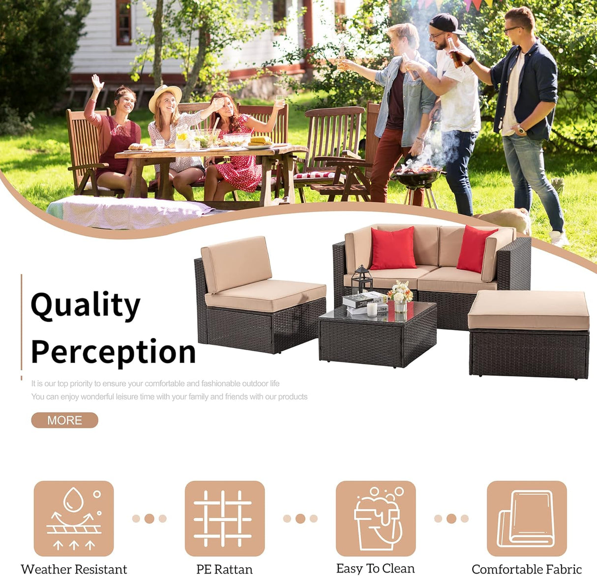 Shintenchi Juego de muebles de patio de 5 piezas para exteriores para todo tipo de clima, juego de sofá seccional de ratán de polietileno con mesa de cristal, cojín otomano y almohadas rojas