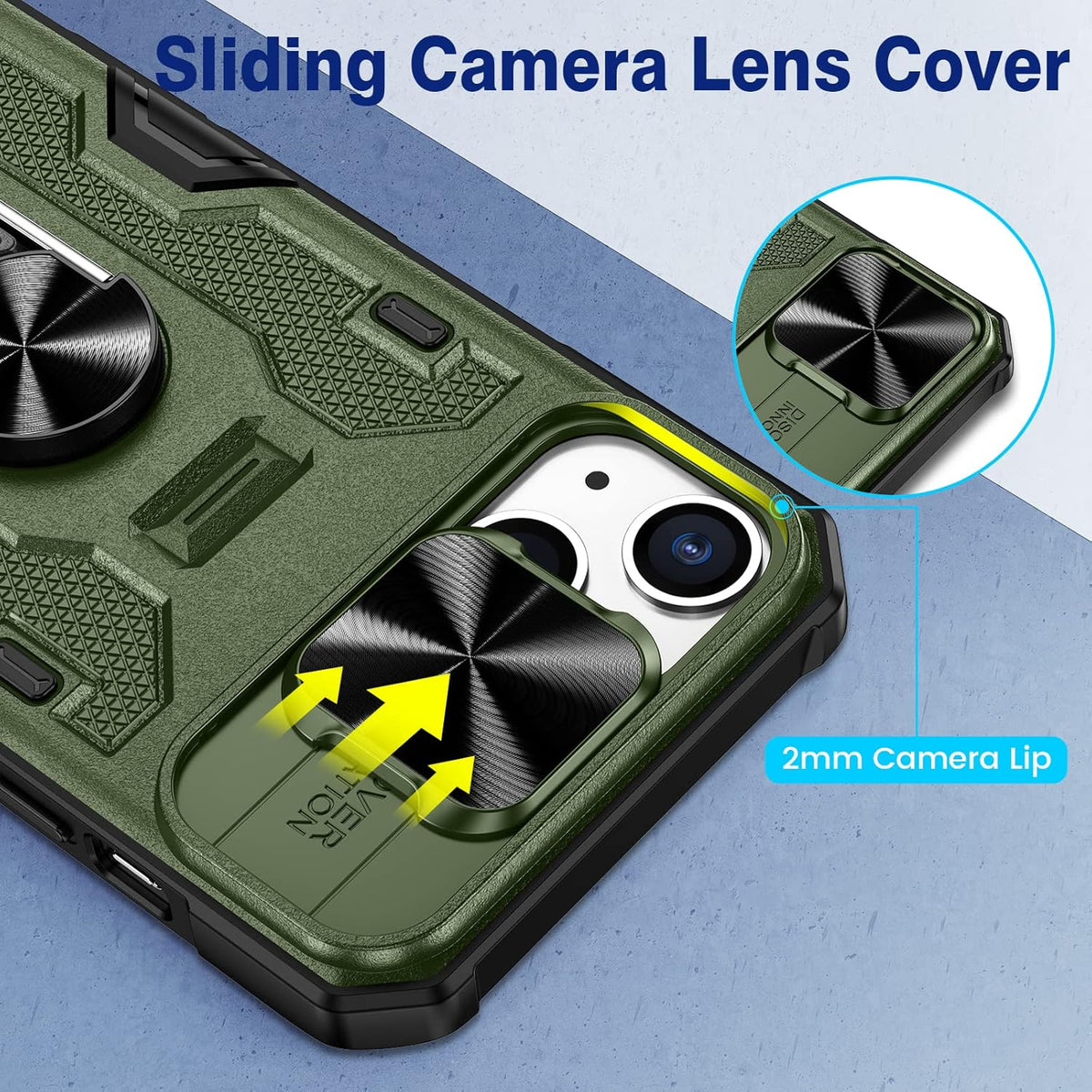 VEGO Funda para iPhone 13 con funda de clip para cinturón, cubierta deslizante para cámara y anillo magnético giratorio de 360°, soporte de grado militar, protección resistente para iPhone 13 de 6.1 pulgadas, color verde oscuro