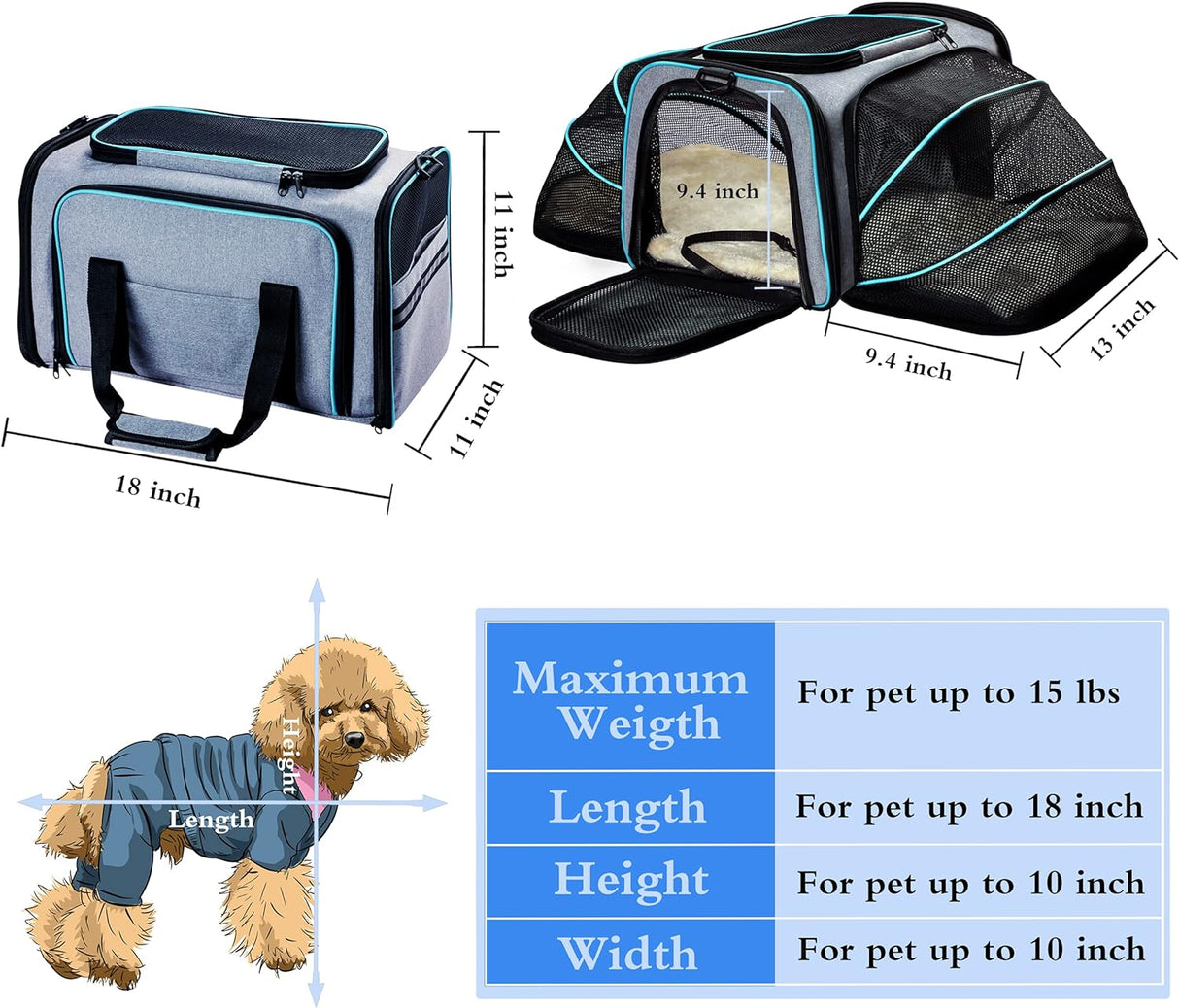 Transportador de Gato Perro Cat Dog Carrier, Expandible, Grande