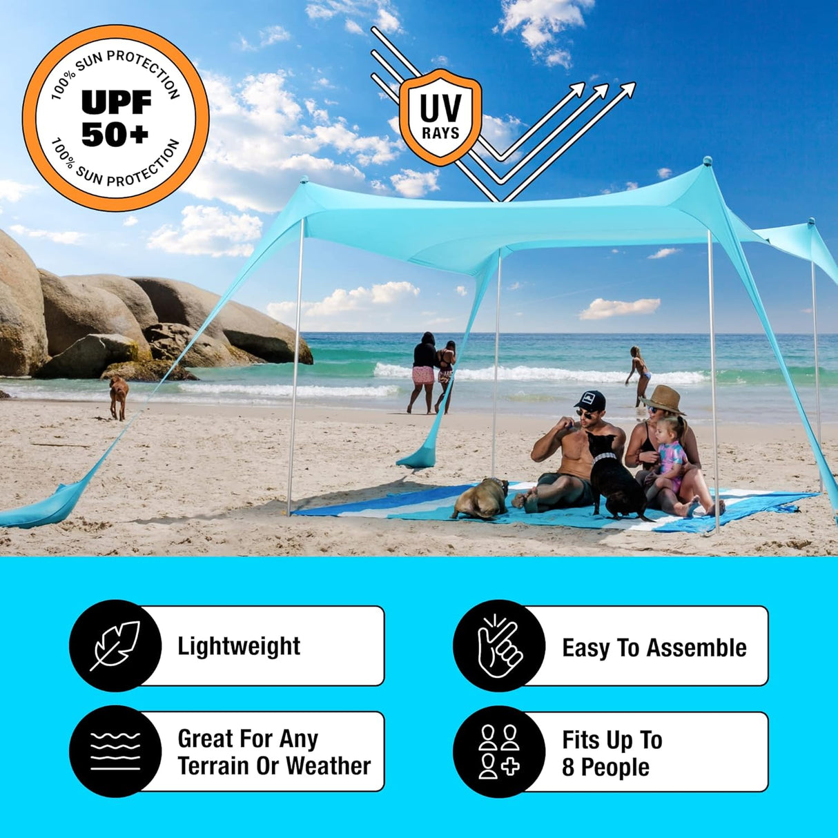 Tienda de playa con protección UPF50+, incluye accesorios