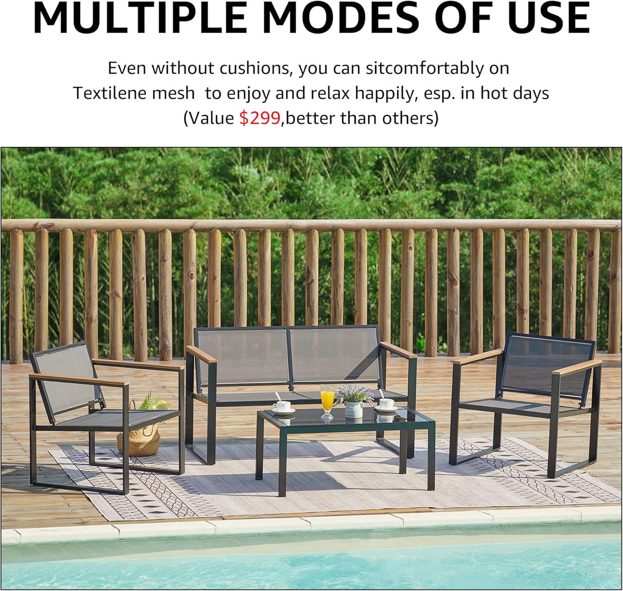 NATURAL EXPRESSIONS Juego de muebles de patio de 4 piezas, muebles de metal para exteriores, muebles seccionales al aire libre, juego de conversación de patio con pasamanos de madera, malla de cabestrillo, cojines de olefina de textura gruesa