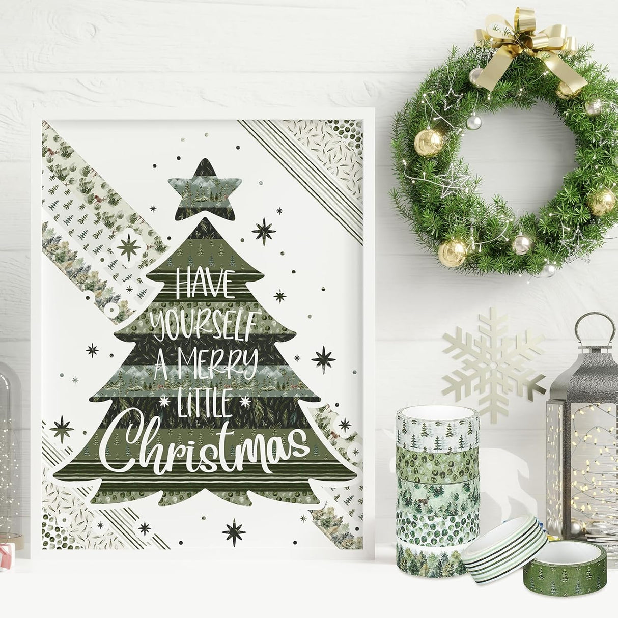 Whaline 12 rollos de cinta Washi de bosque de Navidad, acuarela, bosque, vegetación, plantas, árboles verdes, cinta adhesiva decorativa para Navidad, álbumes de recortes, diario, calendario, manualidades, envoltura de regalos