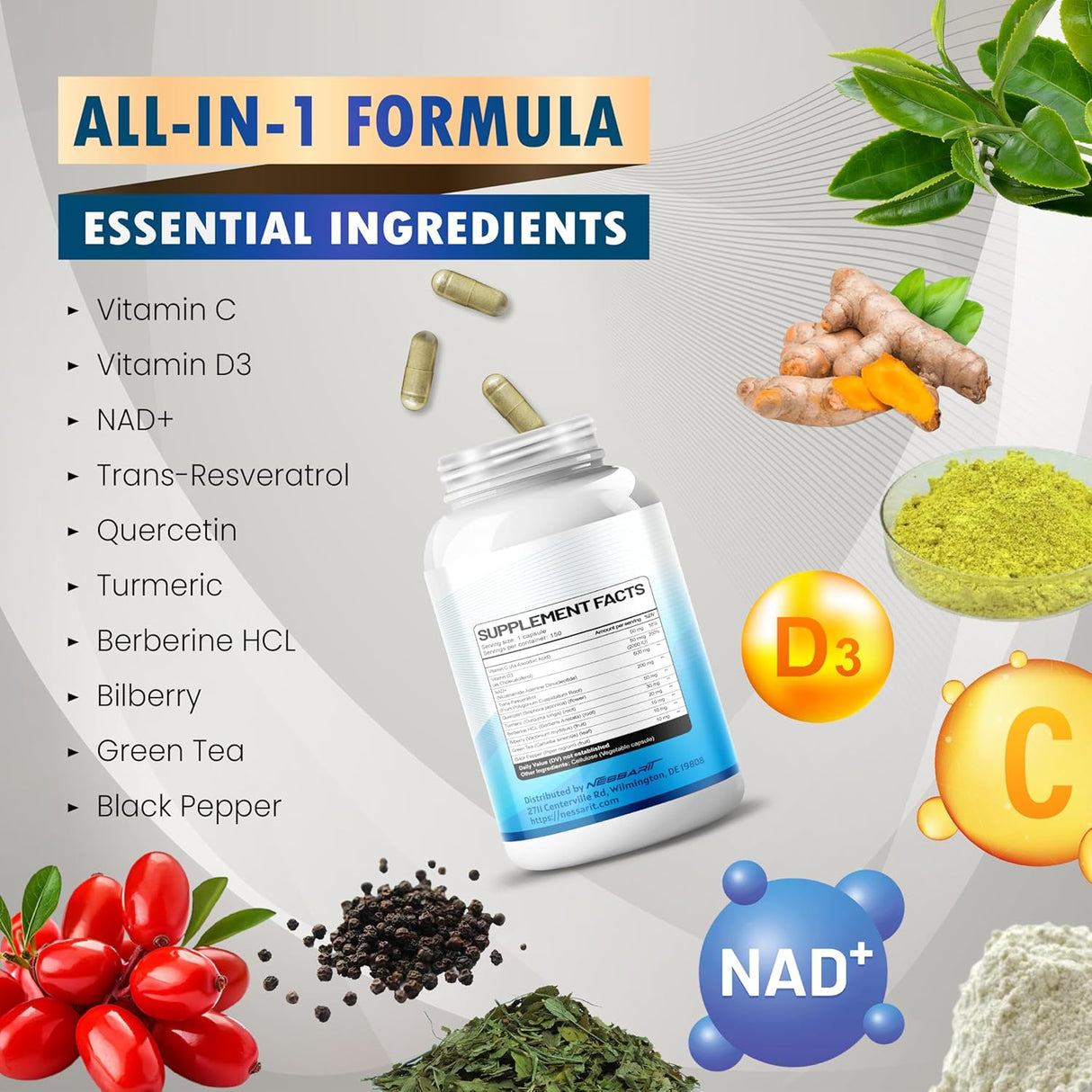 Suplemento NAD+ Resveratrol 10 en 1 - 150 cápsulas USA