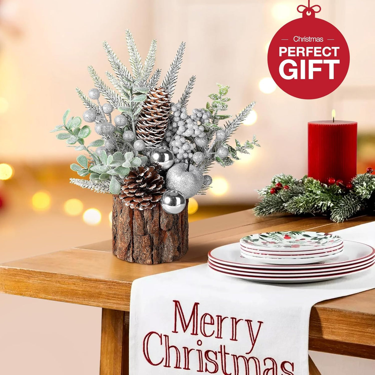 Árbol de Navidad Artificial Hatisan con Adornos y Piñas, Redondo