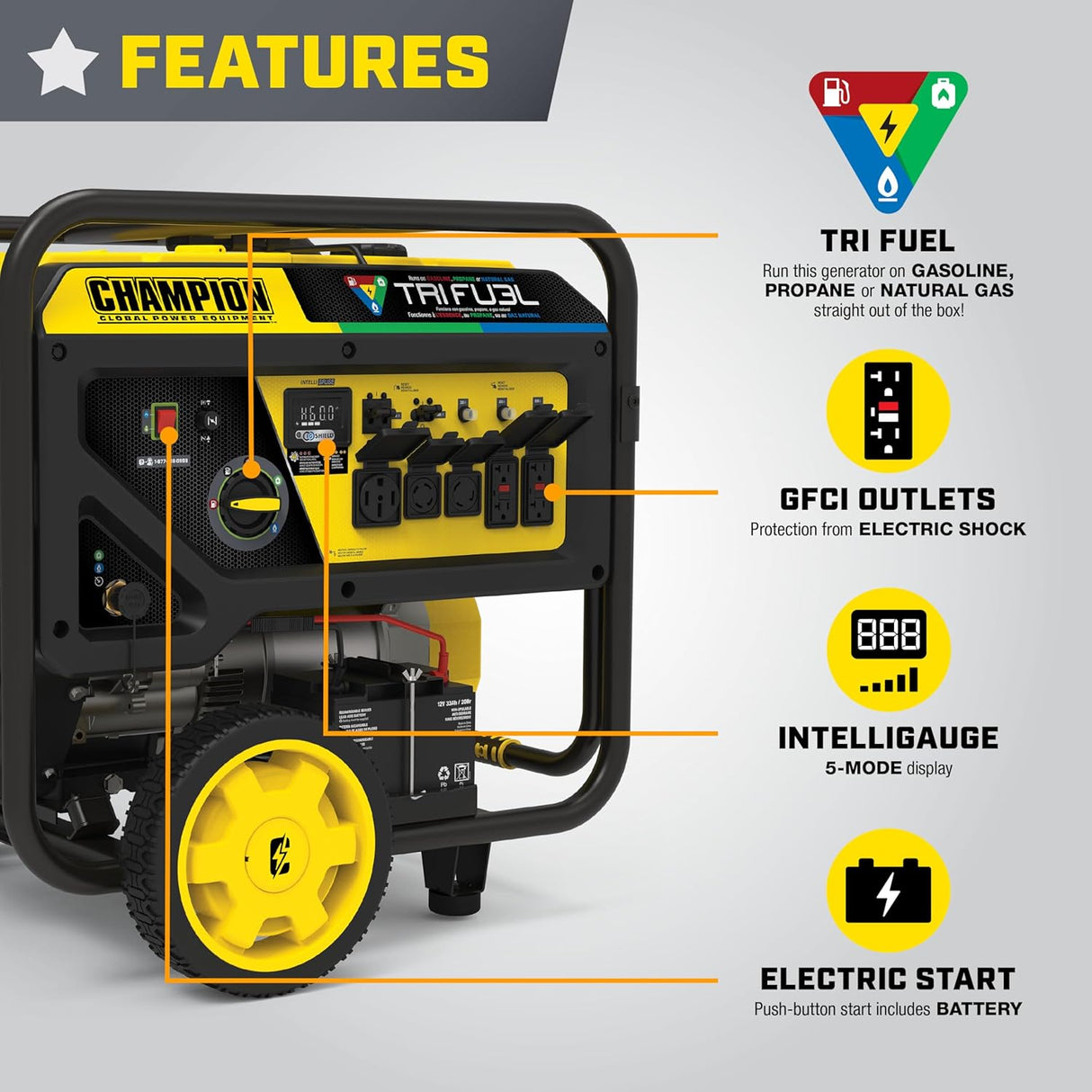 Generador portátil Champion 15,000W trifuel con arranque eléctrico