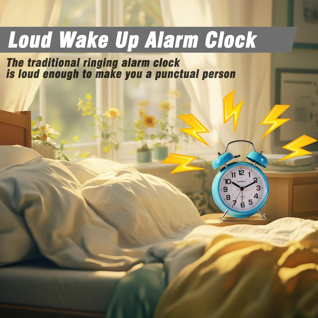 Reloj despertador de campanas para dormilones, silencioso 4