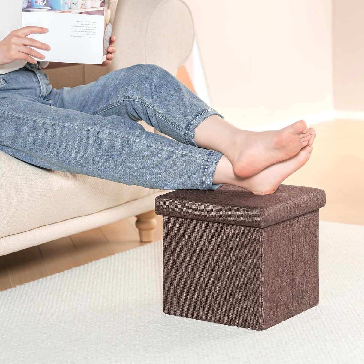 Otómano de almacenamiento cuadrado, lino, 11.8"x11.8"x11.8
