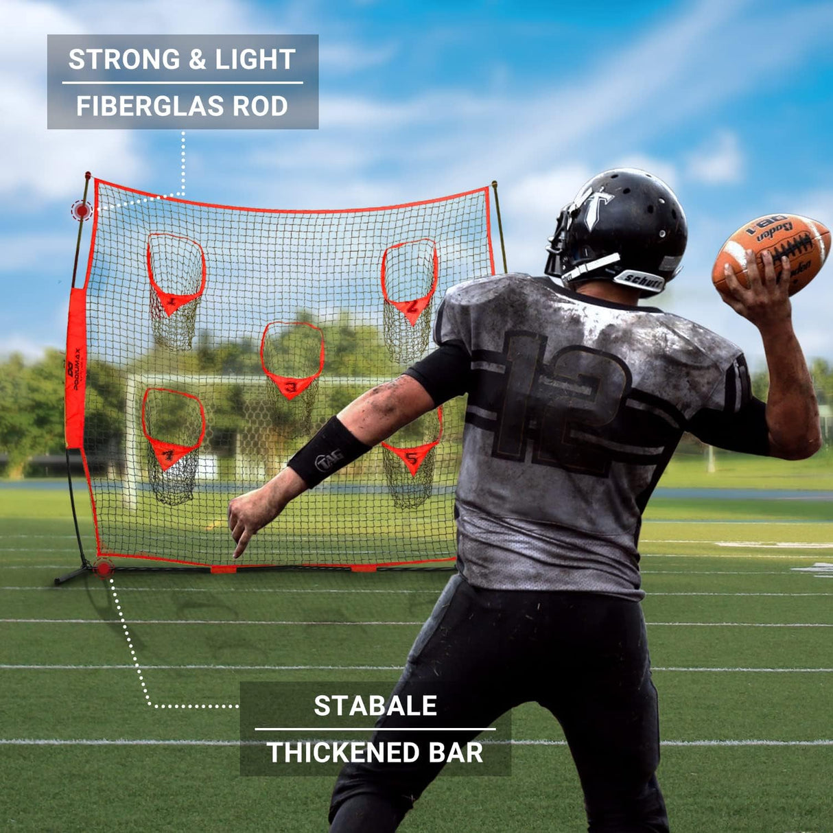 Red de lanzamiento portátil para entrenador de fútbol, 8x8 pies con 5 bolsillos