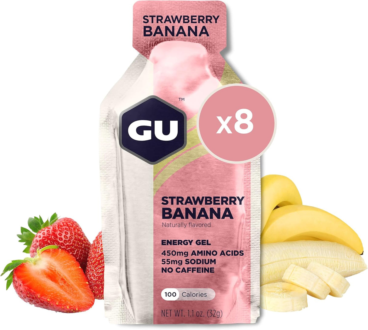 Gel Energético GU, Vegan, Sin Gluten, 8 Unidades, Fresa Plátano