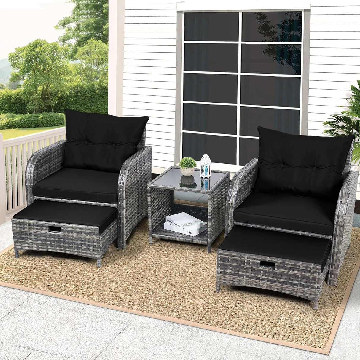FYRICKYLINOO Juego de 5 sillas de mimbre para patio al aire libre con otomana, juego de muebles de conversación de patio con otomana debajo de todo tipo de clima, ratán de polietileno para todo tipo
