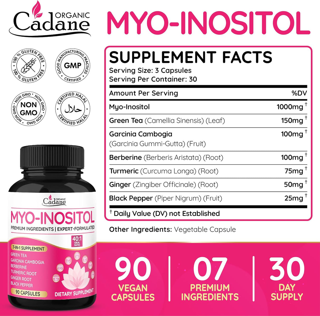 Cadane Myo Inositol, Té Verde & Garcinia Capsules, 90