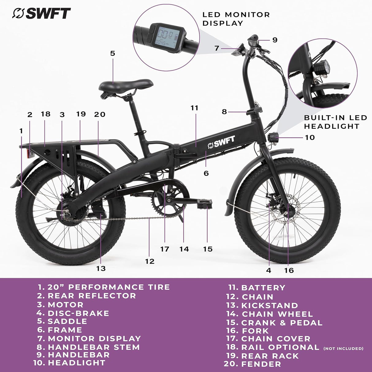 Bicicleta Eléctrica Plegable SWFT F.X, 25 Milla, 20 Neumáticos