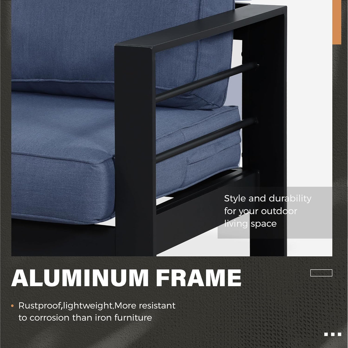 Solaste Juego de muebles de aluminio para patio, 5 piezas, moderno juego de conversación al aire libre, sofá seccional con cojín mejorado y mesa auxiliar, marco negro y cojín azul