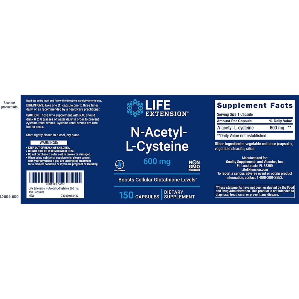 Suplemento N-acetil-L-cisteína (NAC) 600 mg 150 cápsulas