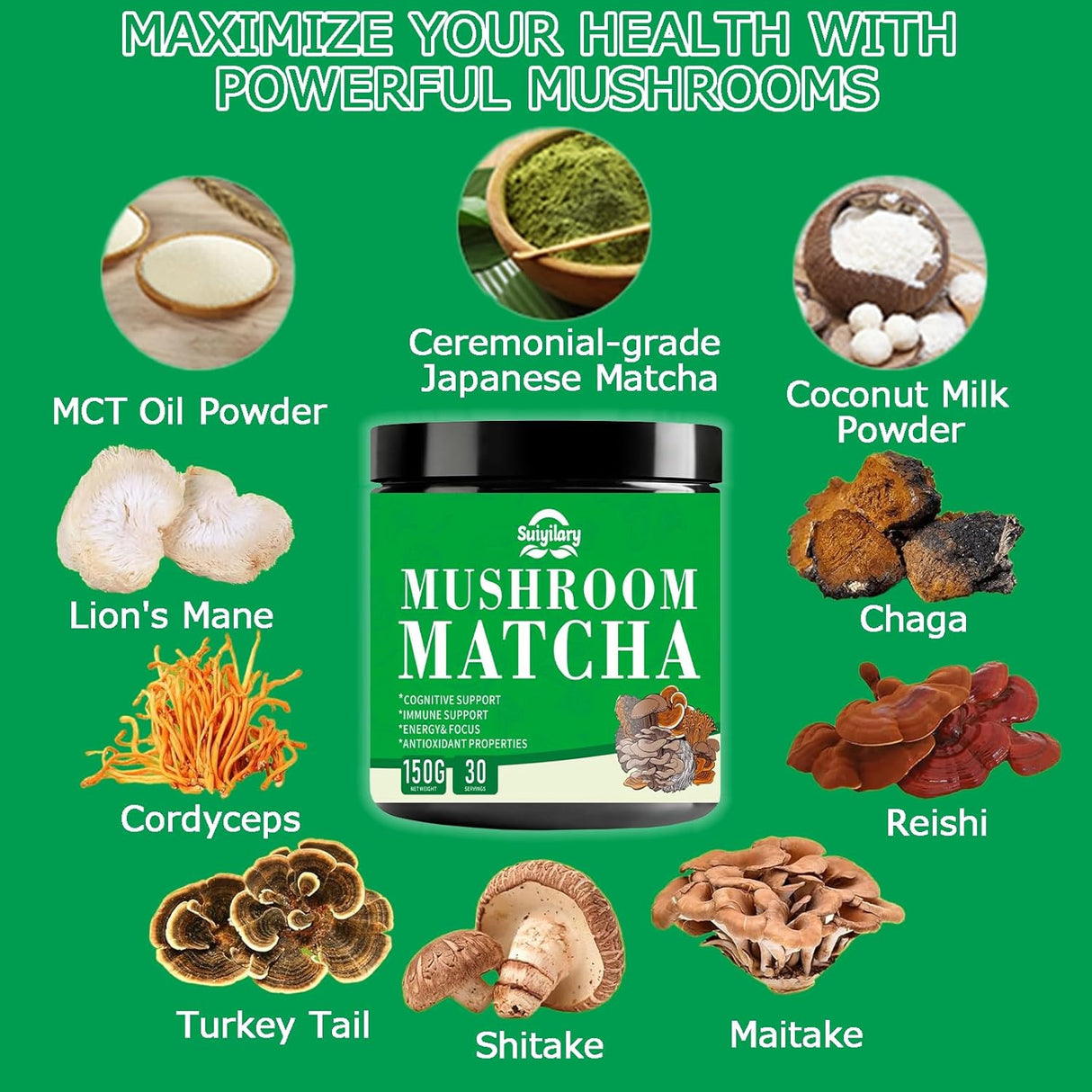 Matcha de Hongos, Ceremonial, 7 Superfoods, 150g, 30 Servings