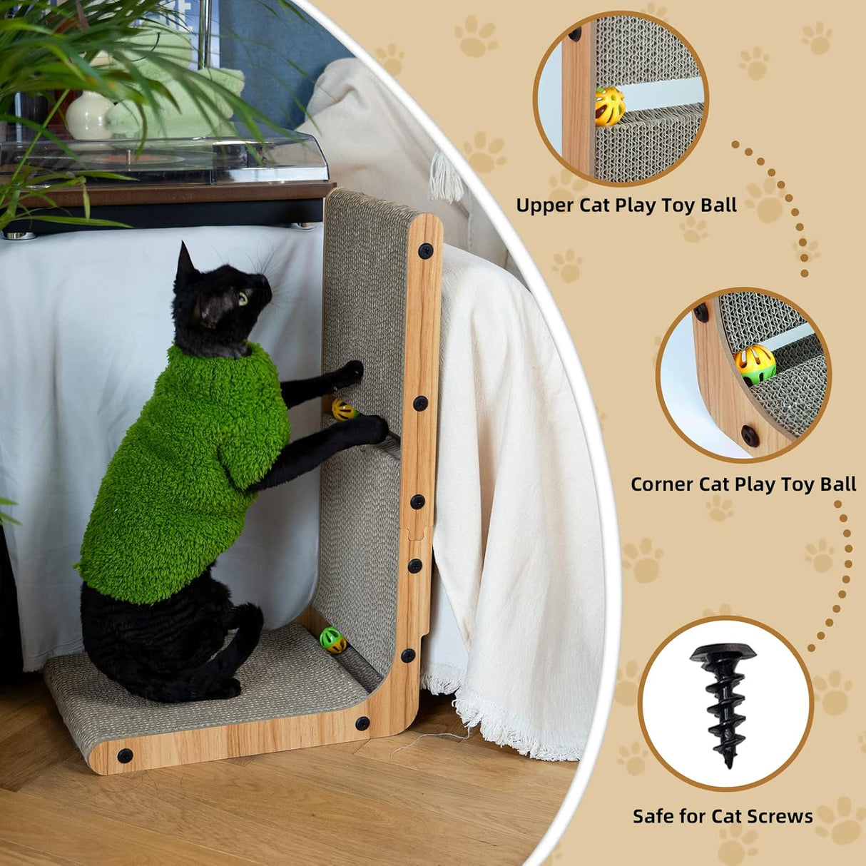 Rascador para gatos en forma de L con 2 bolas de juguete