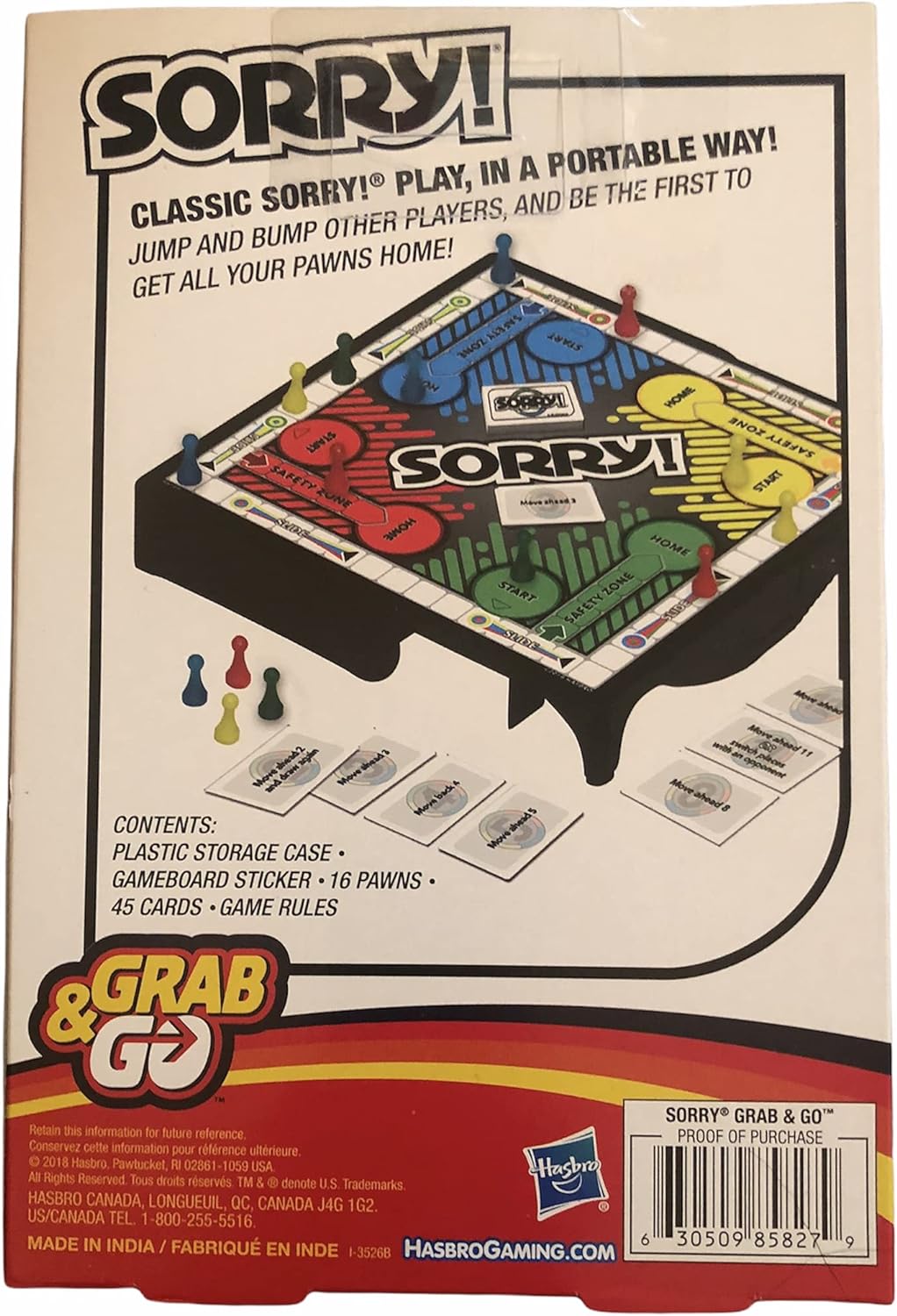 Juego de mesa Sorry Grab & Go de Hasbro, divertido y portátil.