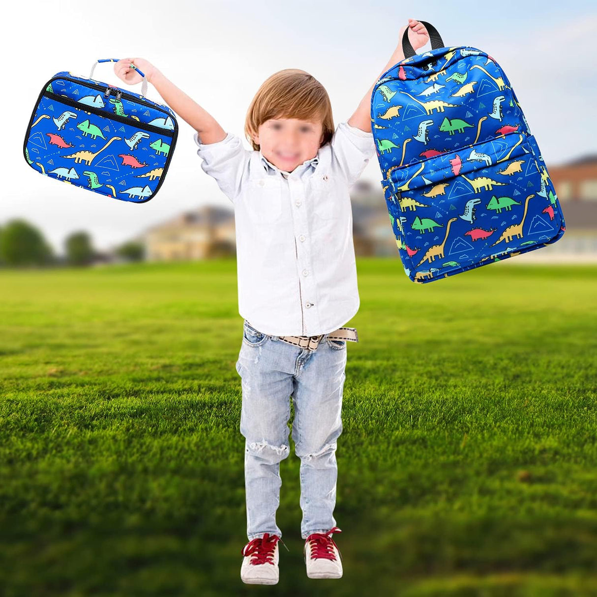 Morral y lonchera escolar con estampados para niños azul