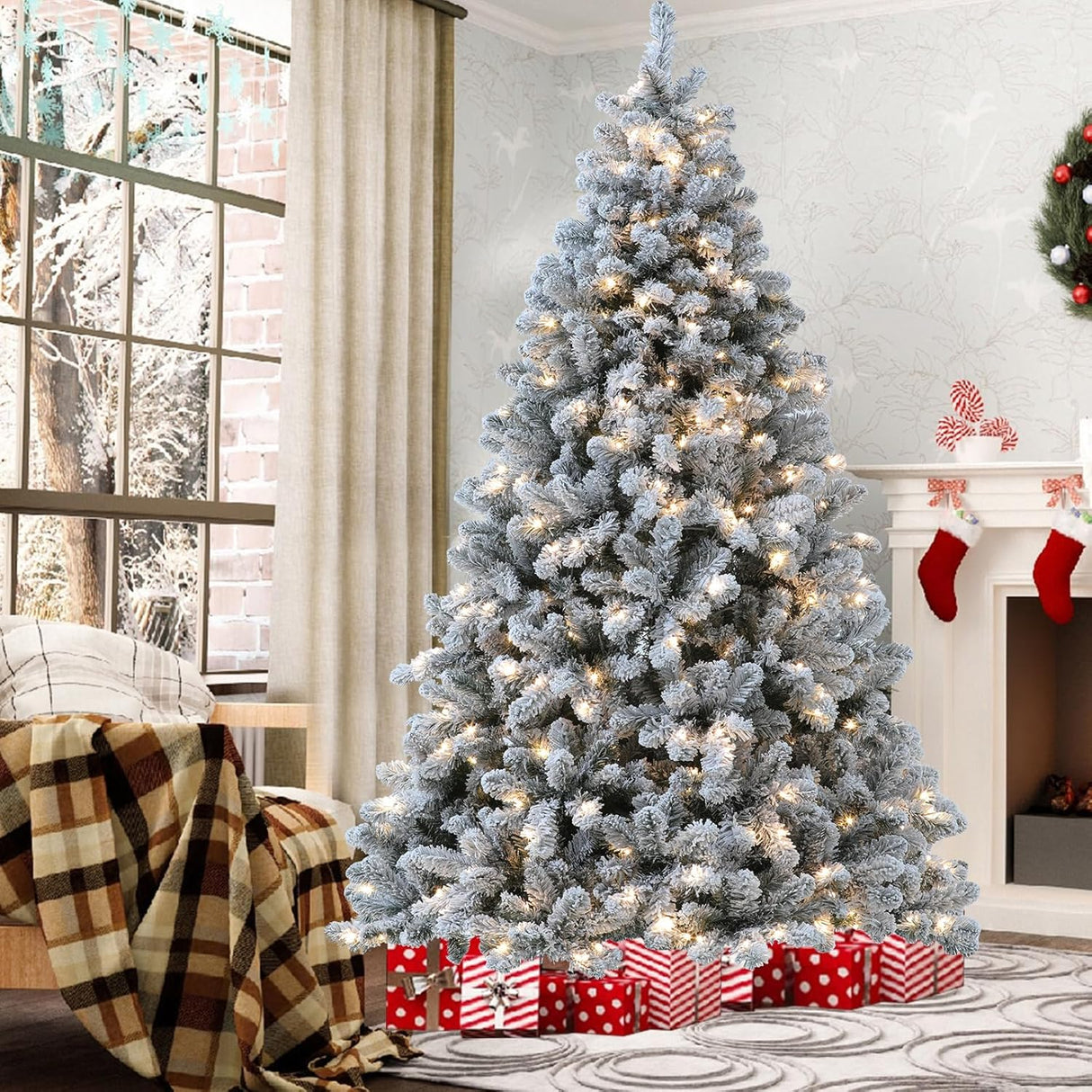 Árbol de Navidad Nevado de 7.5 ft con Luces y Funciones