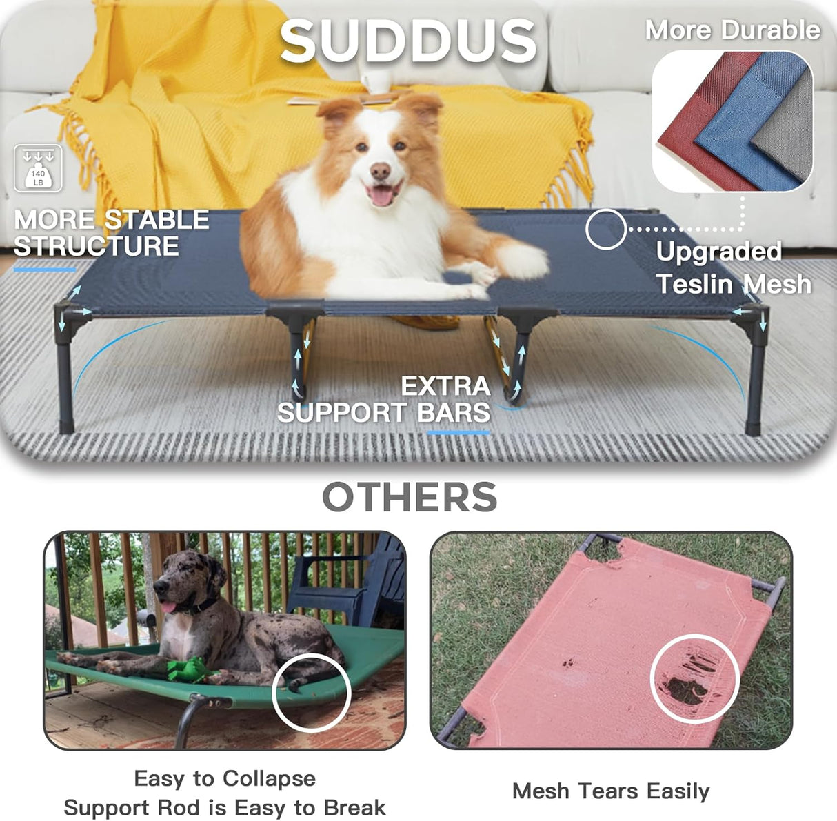 Cama Elevada para Perros Suddus, Impermeable, XL, Portátil