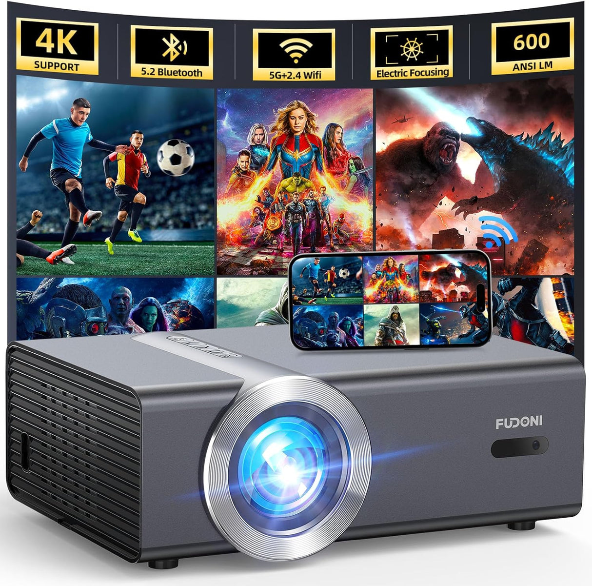 Proyector FUDONI 1080P WiFi Bluetooth 20000L para Cine en Casa