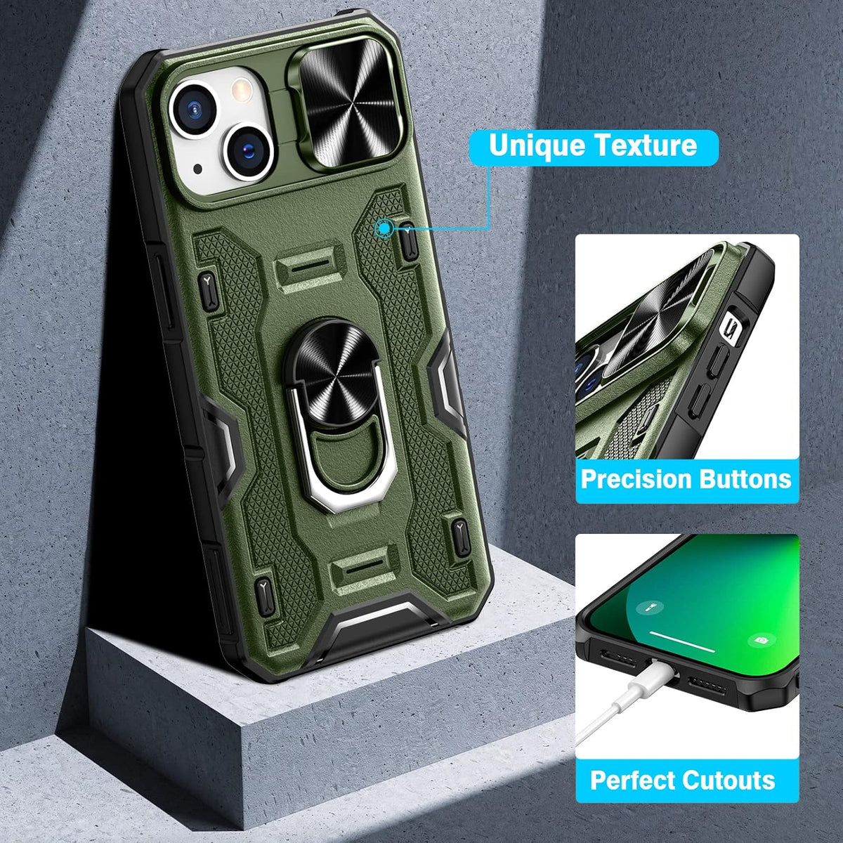 VEGO Funda para iPhone 13 con funda de clip para cinturón, cubierta deslizante para cámara y anillo magnético giratorio de 360°, soporte de grado militar, protección resistente para iPhone 13 de 6.1 pulgadas, color verde oscuro