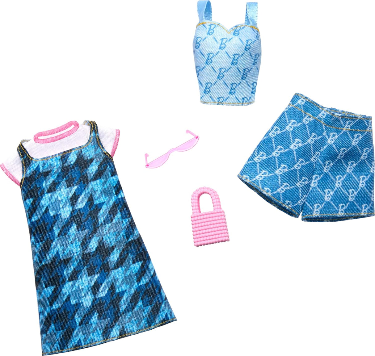 Conjunto de Ropa Barbie, 2 Outfits en Denim para Muñeca, Incluye Vestido, Top y Pantalones Cortos, Accesorios