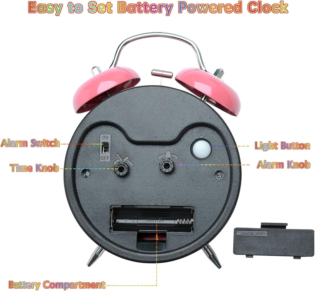 Reloj despertador analógico para niños, 4" con campanas dobles