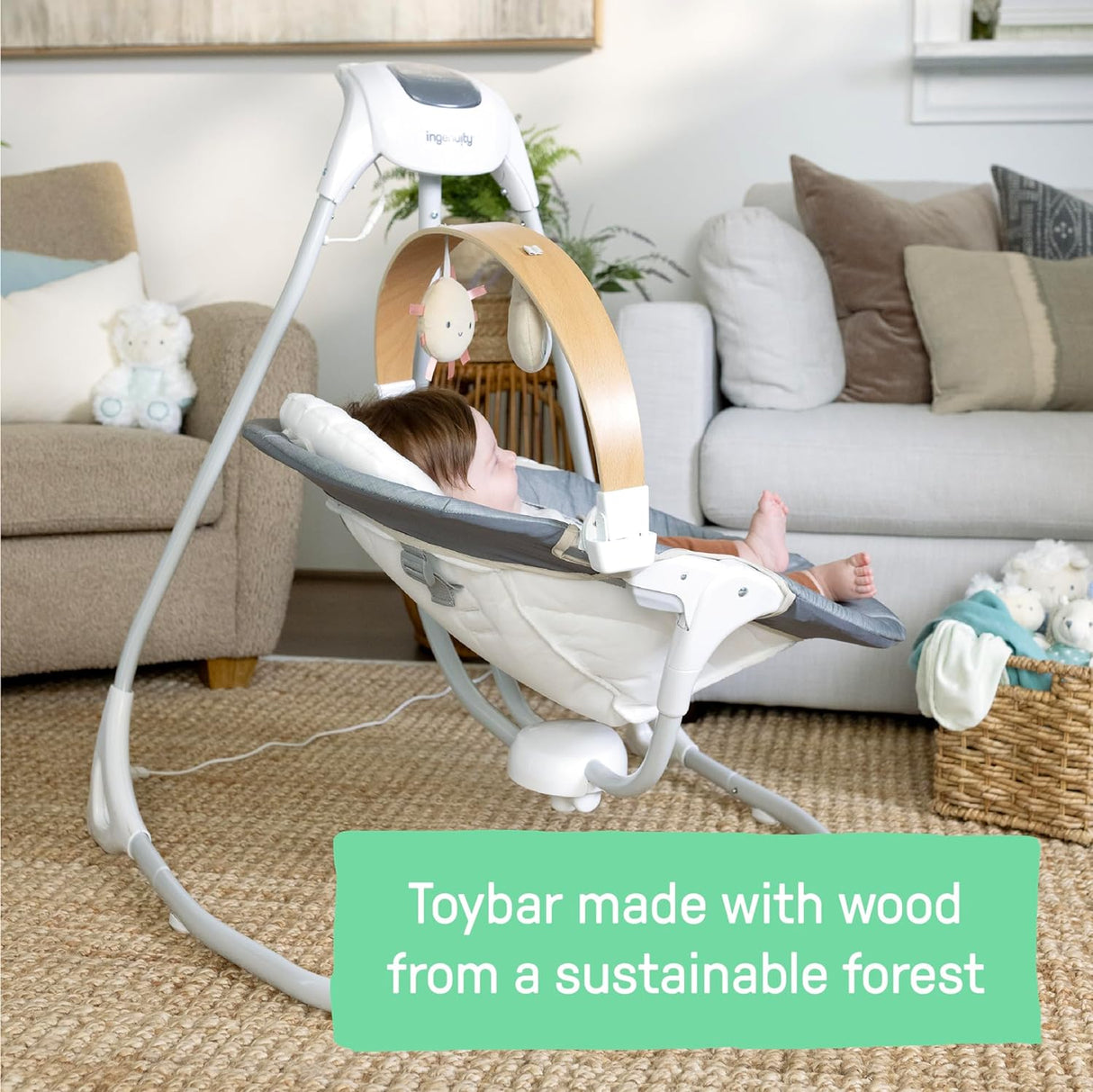 Ingenuity SimpleComfort - Columpio compacto relajante, barra de juguetes giratoria, asiento giratorio, 6 velocidades, para edades de 0 a 9 meses, hasta 20 libras, Parker